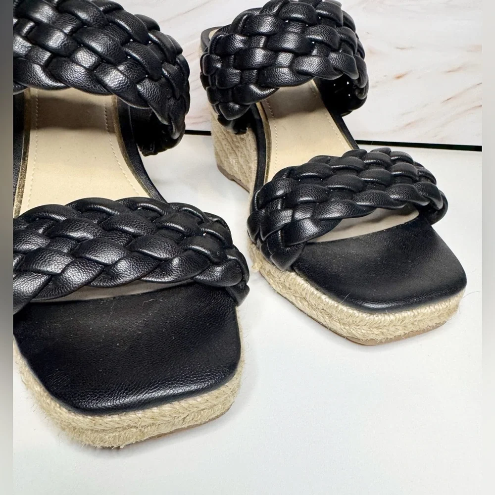White House Black Market Black Braided Wedge Sandals Espadrille Platform 8